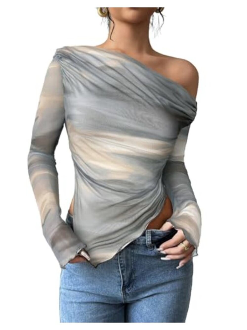 Women's Off Shoulder Tie Dye Mesh Long Sleeve Blouse Asymmetrical Top